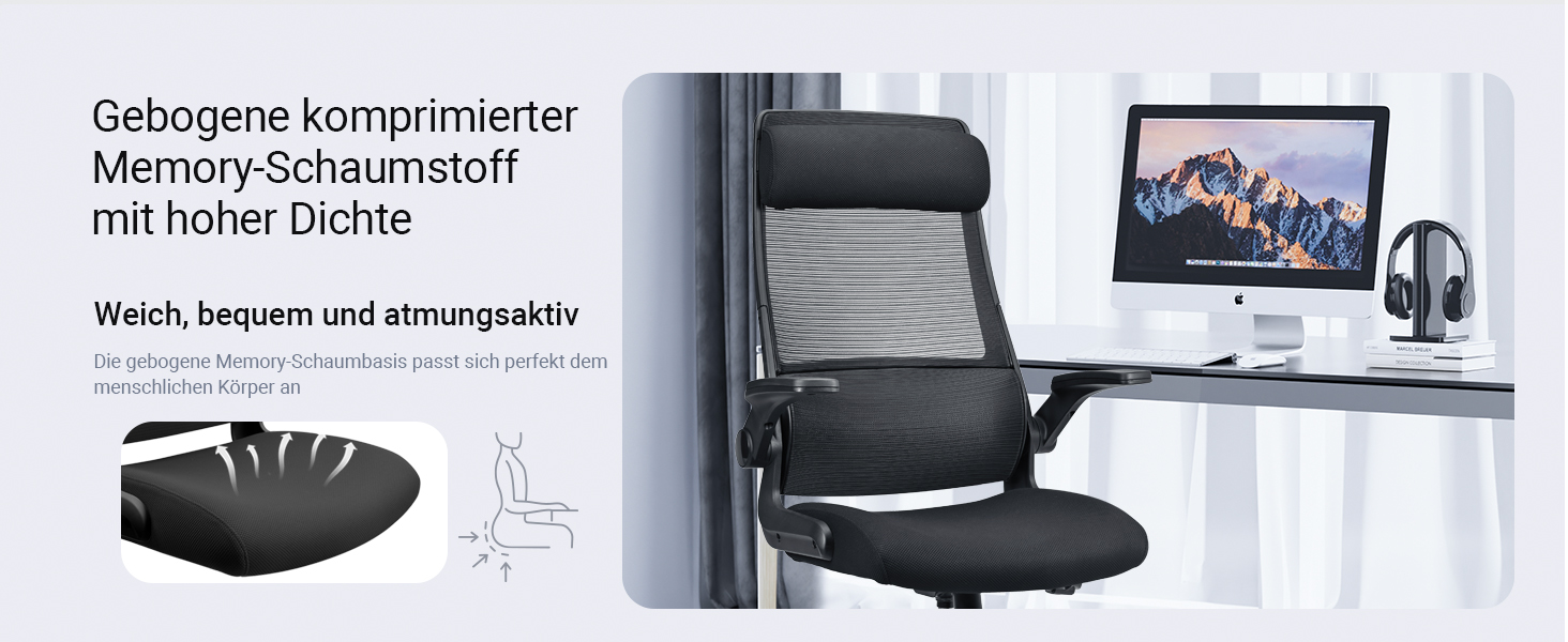 Ергономічне крісло для офісу з регульованою підголовником, офісне крісло з сітки, відкидні підлокітники, широке сидіння, функція гойдання, комп'ютерне крісло EN 1335, офісне крісло 200 кг, чорне