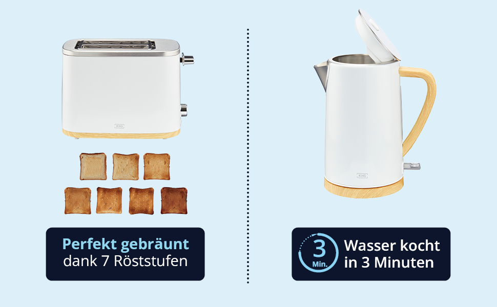 Набір чайник та тостер KHG | 2200W та 800W | 1.7л чайник, 2 тости | З фільтром від накипу та підсвічуванням крихт | Кухонний набір білий з імітацією дерева