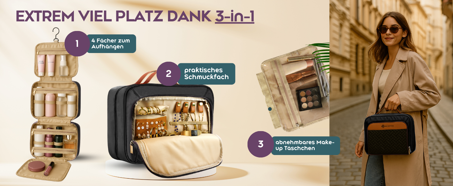 Жіноча туалетна косметичка Kulturtasche Damen Groß 3-в-1 з підвішуванням, 4 відділення, відділення для прикрас та косметичка – практична дорожня косметичка для подорожей та організації, чорна