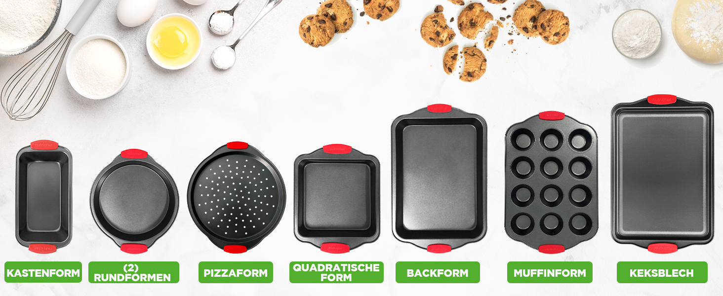 Набір форм для випічки NutriChef 8 шт. з антипригарним покриттям, включає: кексова форма, форма для піци, роз'ємна форма та інше. Підходить для духовки, миється в посудомийній машині, можна складати. Без PFOA, PFOS та PTFE.