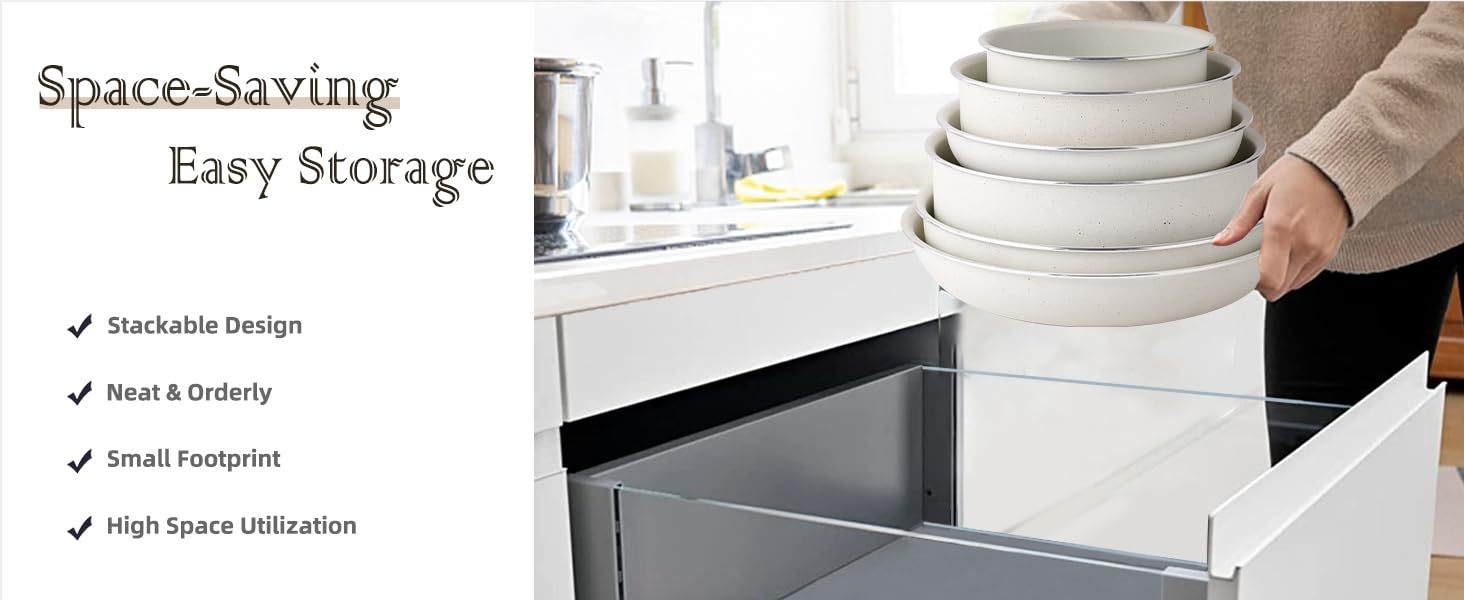 Набір посуду RIOVARM з індукційним дном: каструлі та сковороди з антипригарним гранітним покриттям та знімними ручками, кришки з силікону, бежевий колір