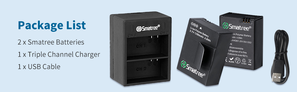 Акумулятор Smatree та швидке подвійне зарядне пристрій для GoPro HERO3+, HERO3 - заміна GoPro AHDBT-201, AHDBT-301, AHDBT-302, AHBBP-301, ACARC-001, AWALC-001 G3-1