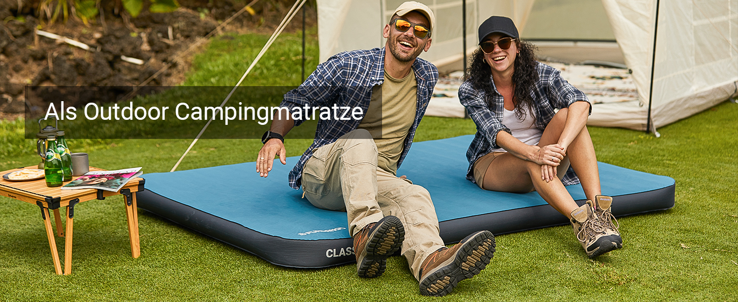 Килимок для кемпінгу Fundango самонадувний, 9.5 R-значення, піна-пам'ять, 10 см товщина, 3D посилення, м'яка оксамитова поверхня, для намету, подорожей на авто (одинарний та подвійний розмір)