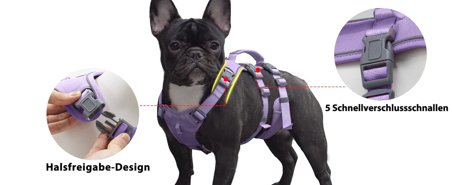 Нашийник для собак з повідком, безпечний нашийник від виривання, анти-тяга, нашийник для собак з ручкою та світловідбиваючими елементами, легкий, регульований, для середніх собак (XS) (Дуже маленький, фіолетовий)