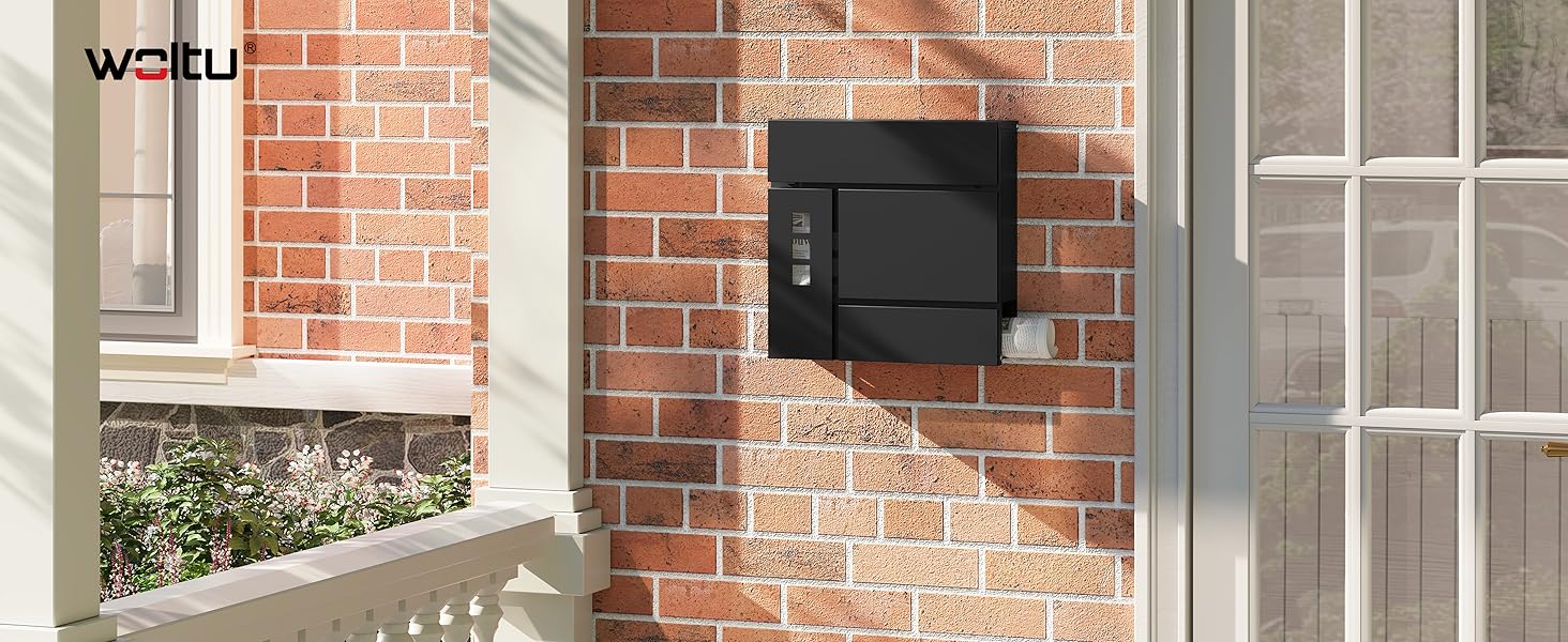 Поштова скринька WOLTU XXL з газетницею, оглядовим вікном та замком, антрацит (чорний) - 10,5 x 37 x 37 см