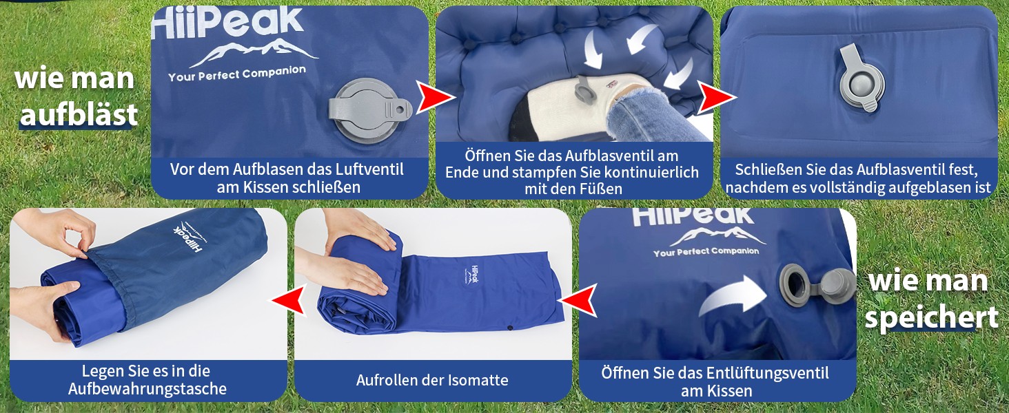 HiiPeak Isomatte Self-Inflating Camping Air Mattress with Integrated Pillow - Blue