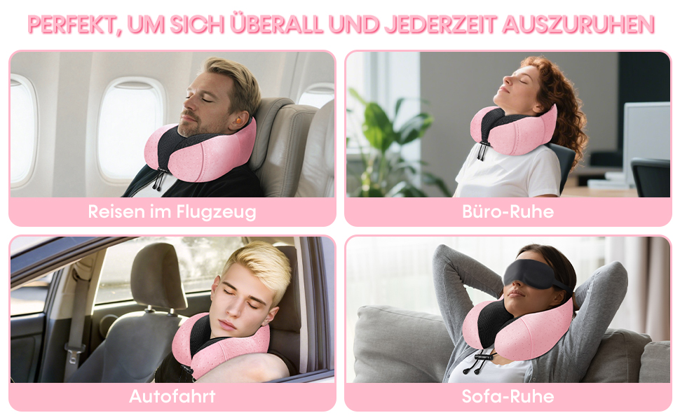 Подушка для шиї у літак - Подорожня подушка з Memory Foam - Подушка-вишенка з м'яким, дихаючим чохлом - Ідеально для кемпінгу, офісу, авто, літака, подушка для сну (Рожева)