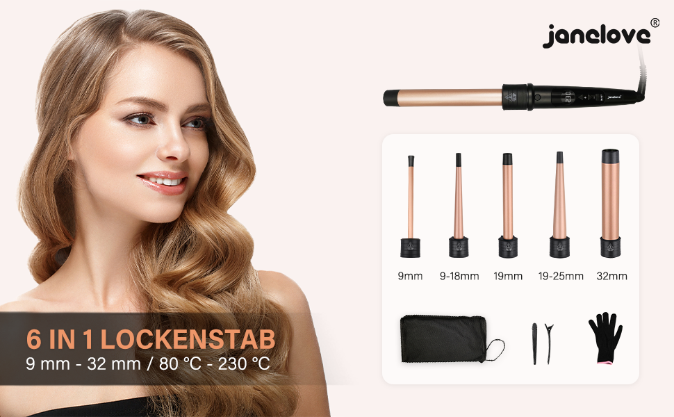 Welleneisen Janelove 3 Fässer: керамічний локон для волосся 10-32 мм, 180°C/210°C, 5 в 1, з рукавичкою (Чорний)