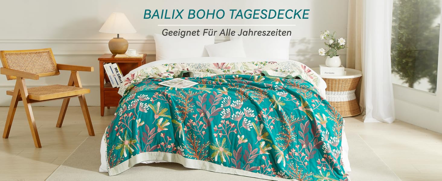 Богемна ковдра Boho 150x200 см, 100% бавовна, двостороння муслінова ковдра, плед для дивану та ліжка, Patchwork, зелено-бежева