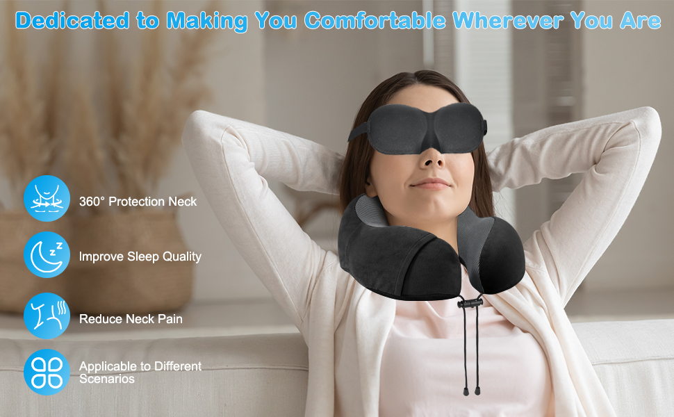Подушка для шиї в літак, доросла, Memory Foam, регульована, компактна, з навушниками, маскою для сну та чохлом (чорна)
