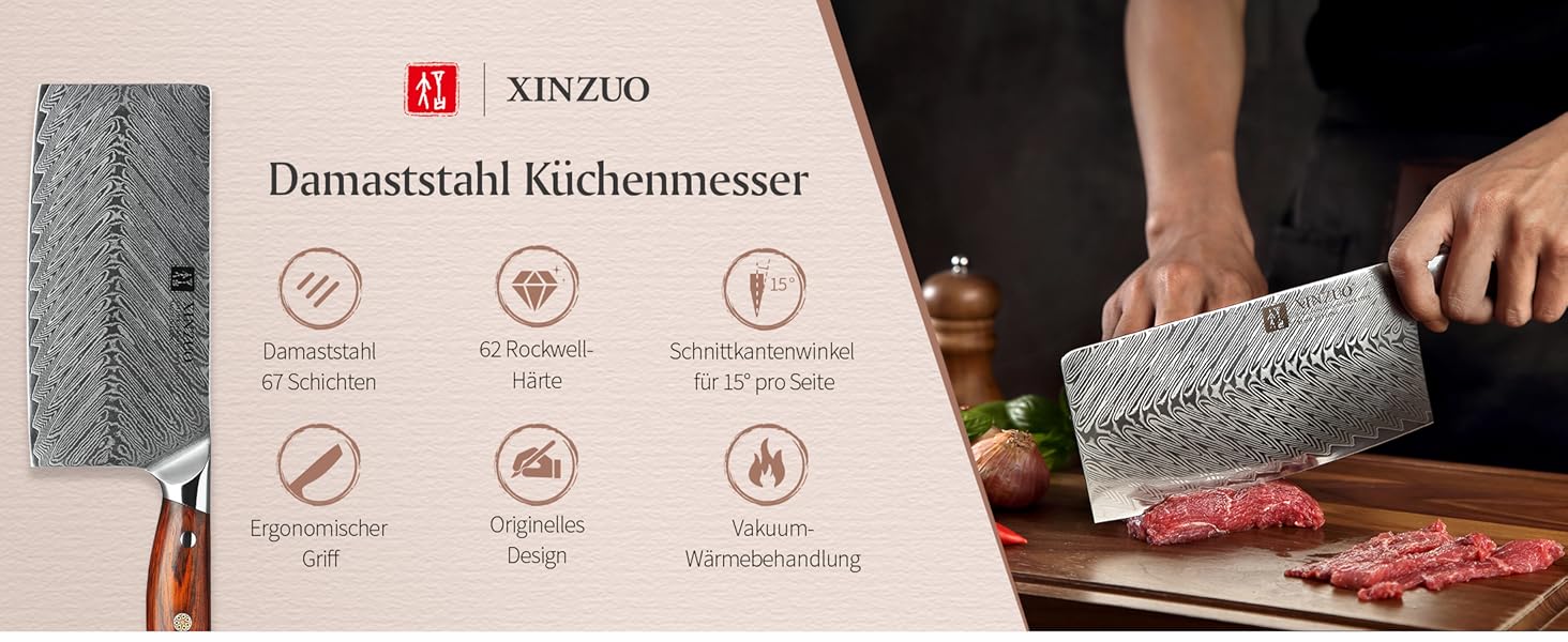 Ніж для рубки XINZUO Damaststahl 18 см, професійний, з лезом з дамаської сталі, з високоякісної нержавіючої сталі, ергономічна ручка з рожевого дерева, серія Yi