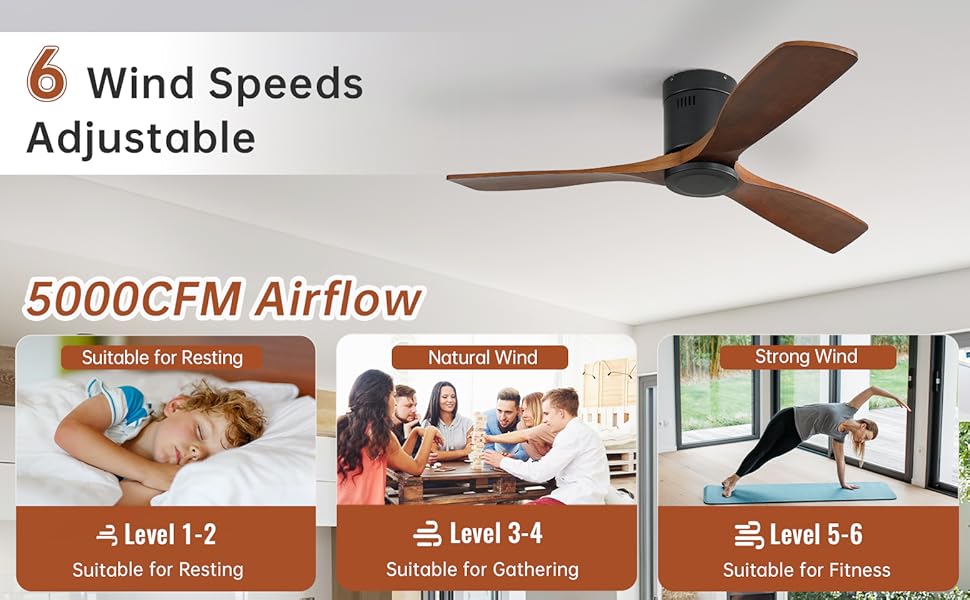 Стеляний вентилятор Sofucor з пультом керування, дерев'яний вентилятор з 3 лопатями, 132 см, тихий, 6 швидкостей, таймер, DC двигун, режим літо/зима для спальні без освітлення + монтаж врізний, темне дерево