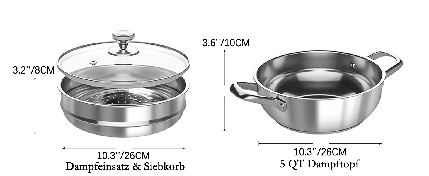 Набір каструль Induktion 12-частинний з нержавіючої сталі з тришасим дном, включає пароварку, 3 захисні диски для сковорідок та кухонне приладдя, безпечний у духовці до 250°C та придатний для миття в посудомийній машині, для всіх типів плит