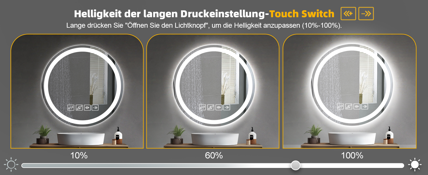 Дзеркало для ванної кімнати з підсвічуванням 50x70 см, з функцією проти запотівання, годинником, LED, сенсорне управління, пам'ять, 3 кольори світла, регулювання яскравості