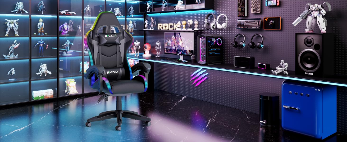 Ігровий стілець Racingreat RGB з підсвічуванням, підголівником та підтримкою попереку, регульований кут нахилу, для дітей та дорослих, чорний