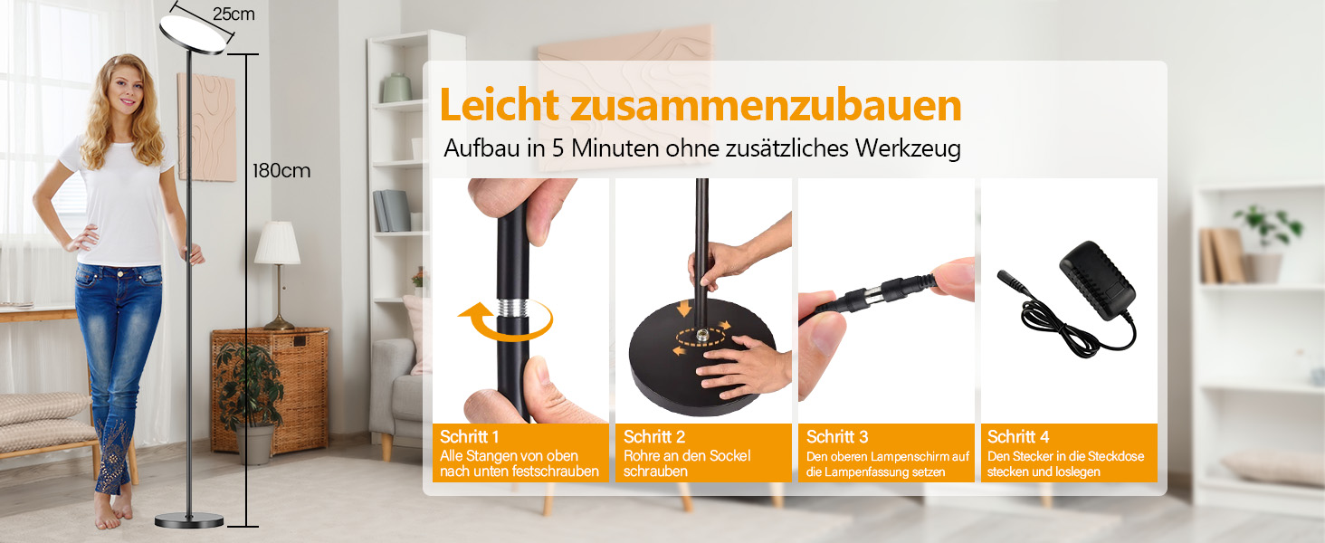 LED-підлогова лампа для вітальні з регулюванням яскравості та RGB-підсвічуванням, 42W, 4200LM, з читацькою лампою та пультом дистанційного керування