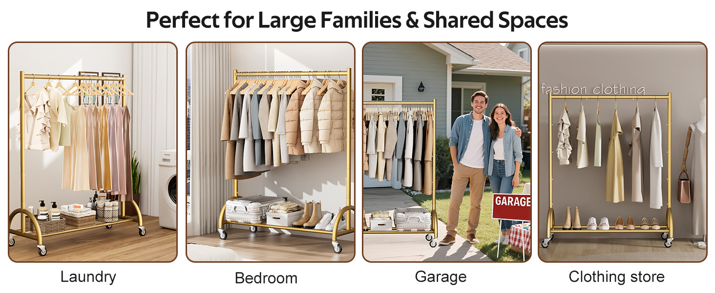 Міцний вішак для одягу на коліщатках MISSLO для спальні, металевий, золотий - мобільна вішалка для одягу, пальто
