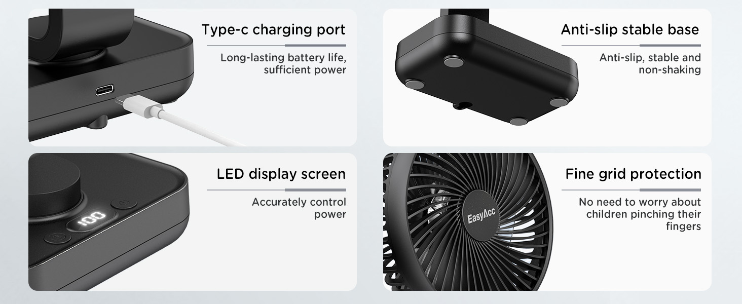 Портативний USB-вентилятор EasyAcc з акумулятором 4000 мАг, настільний зарядний вентилятор з 4 швидкостями та функцією обертання для офісу, дому та кемпінгу, чорний