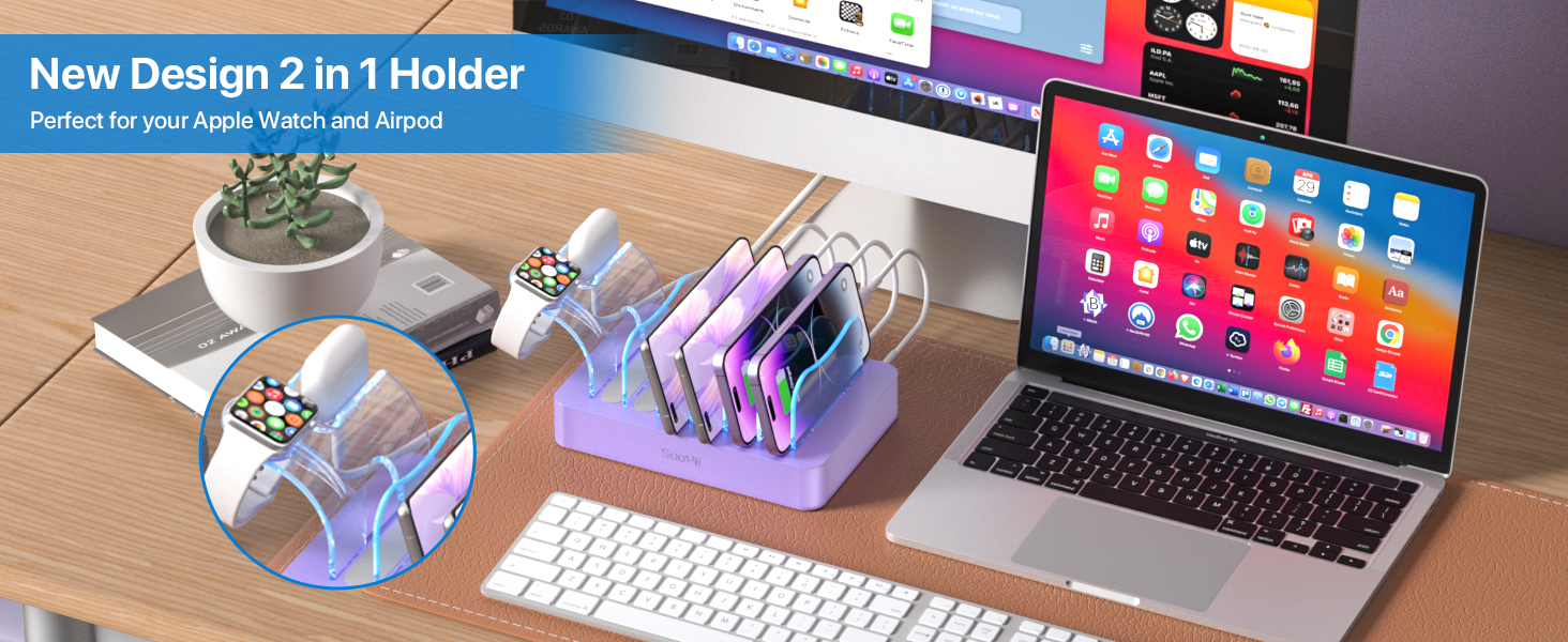 Зарядна станція SooPii USB з органайзером на 6 портів 50W, біла. В комплекті 6 кабелів та тримач для iWatch