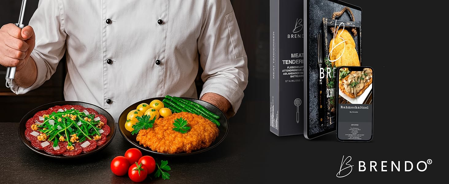 Преміум Fleischklopfer від Brendo: м'ясорубка з масивного нержавіючої сталі, двостороння, з плоскою та зубчастою поверхнею для будь-якого м'яса, + E-Book рецептів, придатна для миття в посудомийній машині, шніцельниця