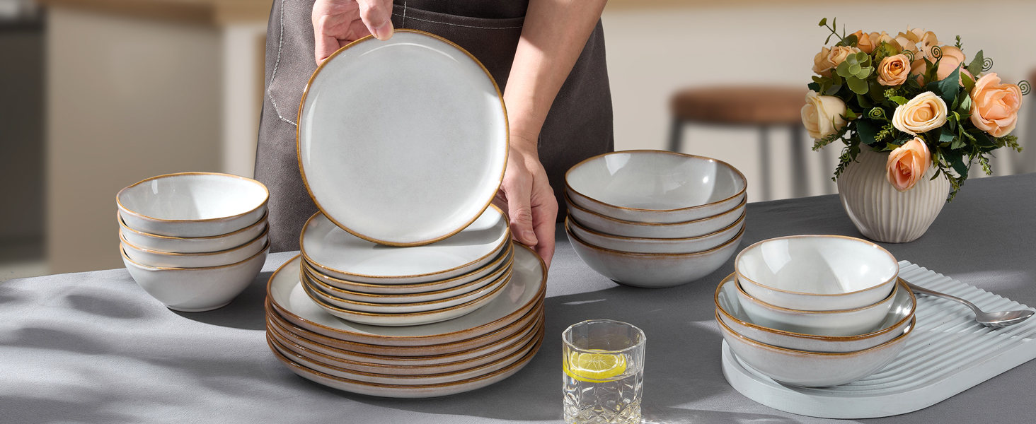 Сервіз Joyfair на 6 осіб, 24 предмети, кераміка, тарілки для їжі, десертні тарілки, миски для каші, сумісний з мікрохвильовою піччю та посудомийною машиною, колір: реактивне мушлеве біле