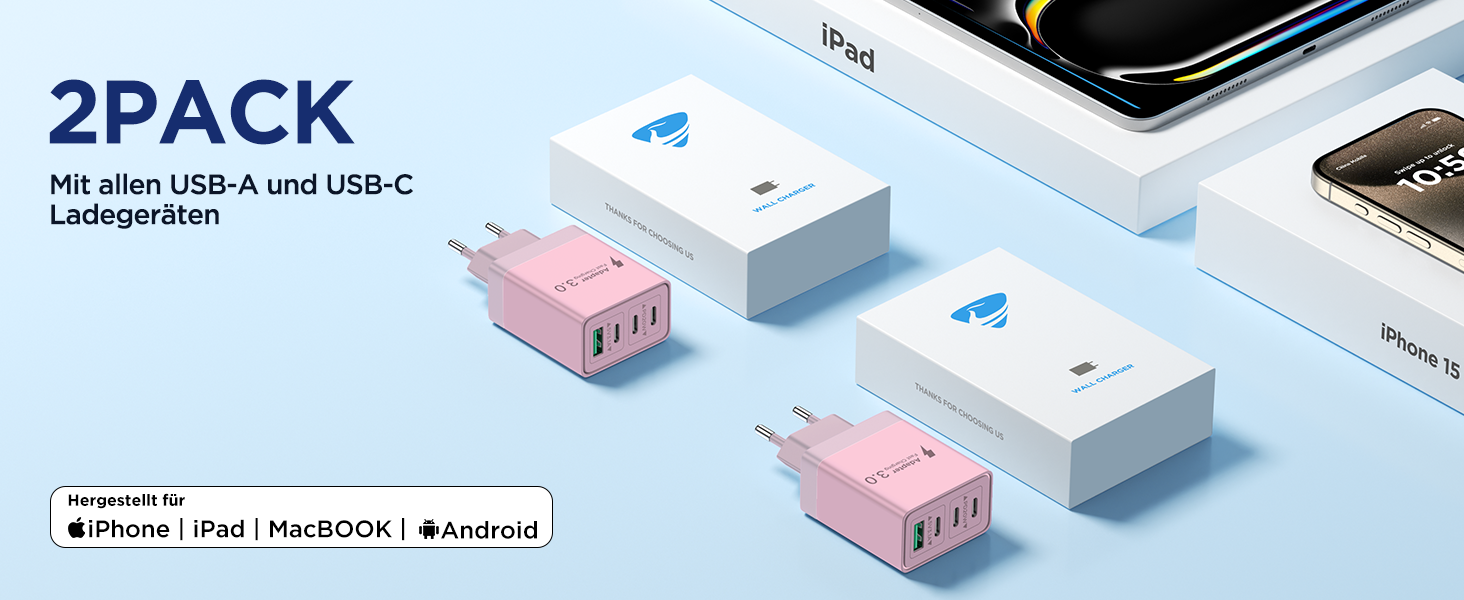 Двопакет USB-C зарядний пристрій Aioneus 4 порти, 40W, PD 3.0, для iPhone, Samsung та інших телефонів (рожевий)