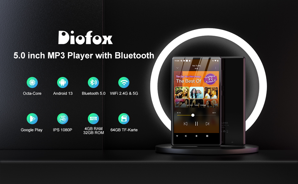MP3 плеєр 96GB Android 13.0 з Bluetooth, Wi-Fi, Spotify, FM-радіо, чорний