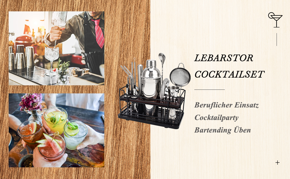 Набір для коктейлів Boston Cocktail Shaker Set 20 предметів з підставкою, 825 мл, нержавіюча сталь, для дому, професійний, з аксесуарами та рецептами, ідеальний подарунковий набір (сріблястий)