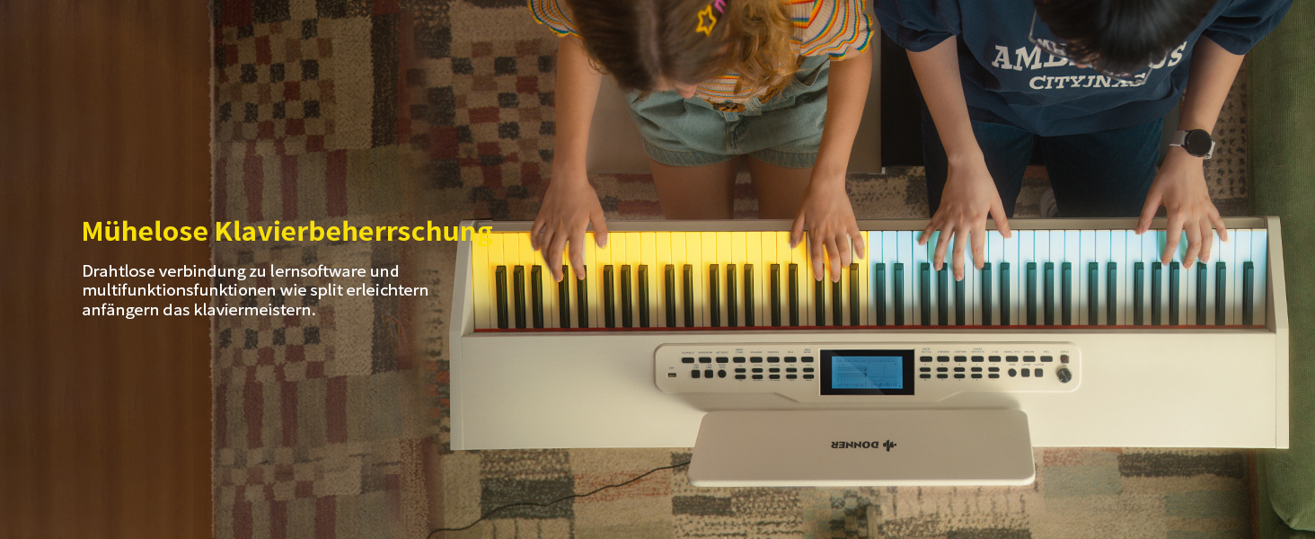 Цифрове піаніно Donner DDP-95 для початківців з 88 важними клавішами, бездротове підключення, LCD дисплей, 610 тембрів, 600 ритмів, 3 навчальні режими, біле