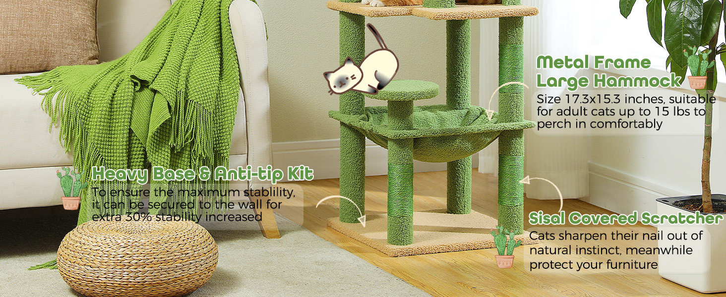 Кігтеточка-кімнатний комплекс PAWZ Road з гамаком, будиночком та м'яким покриттям, 116 см, зелений