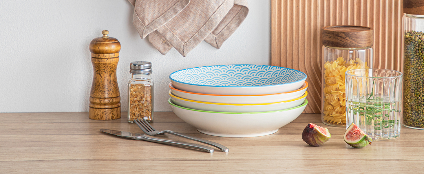 Набір тарілок Vancasso Maracon Natsuki: 8 глибоких тарілок з порцеляни, Ø 21.5 см, 600 мл