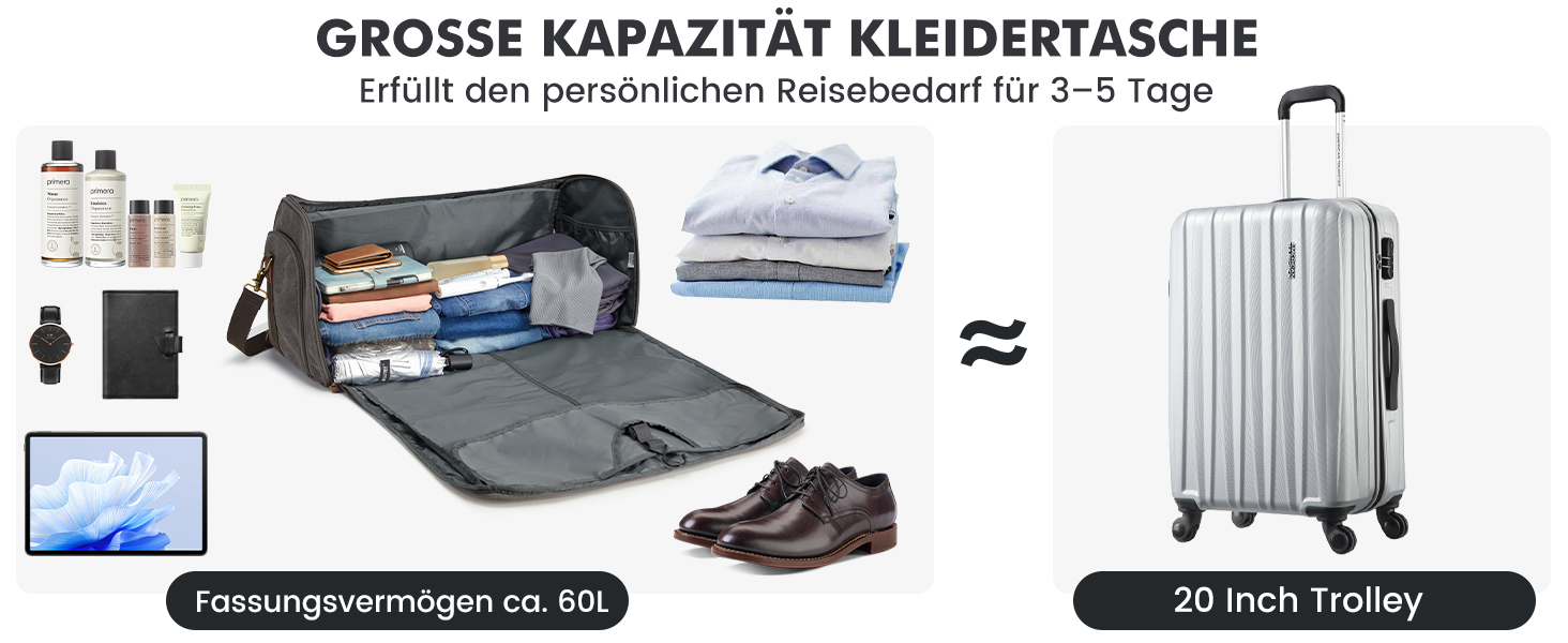 Сумка-органайзер для одягу S-Zone 3-в-1, 60 л, унісекс, з канвасу, з косметичкою, для подорожей, коротких поїздок, ділових поїздок, зберігання, чорна