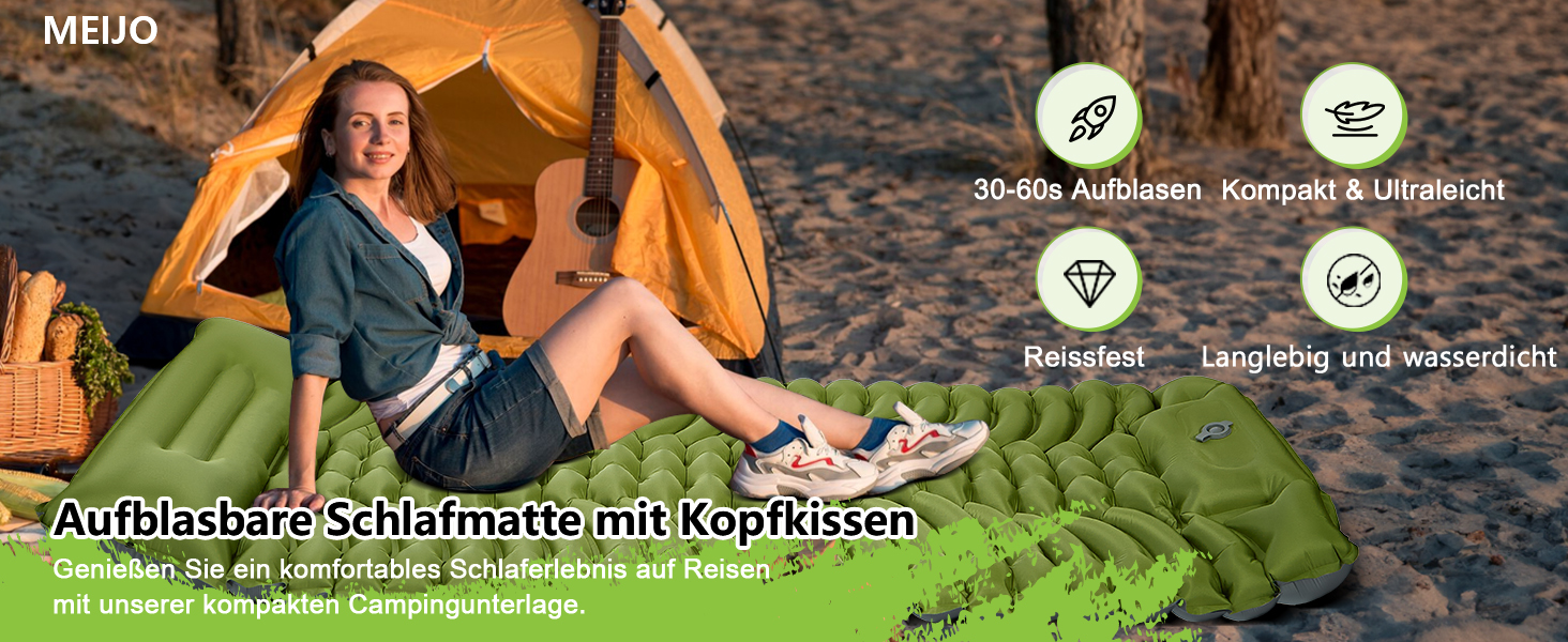 MEIJO Килимок для кемпінгу самонадувний, ізомат, туристичний килимок для сну, легкий, з насосом, для відпочинку на природі, у наметі, на пляжі, блакитний & сірий (зелений & сірий)