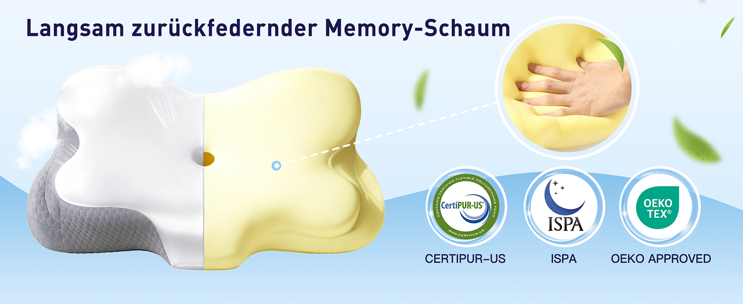 Подушка для шиї Fwoueot з піною з пам'яті, ортопедична, для сну на боці, спині та животі, блакитна