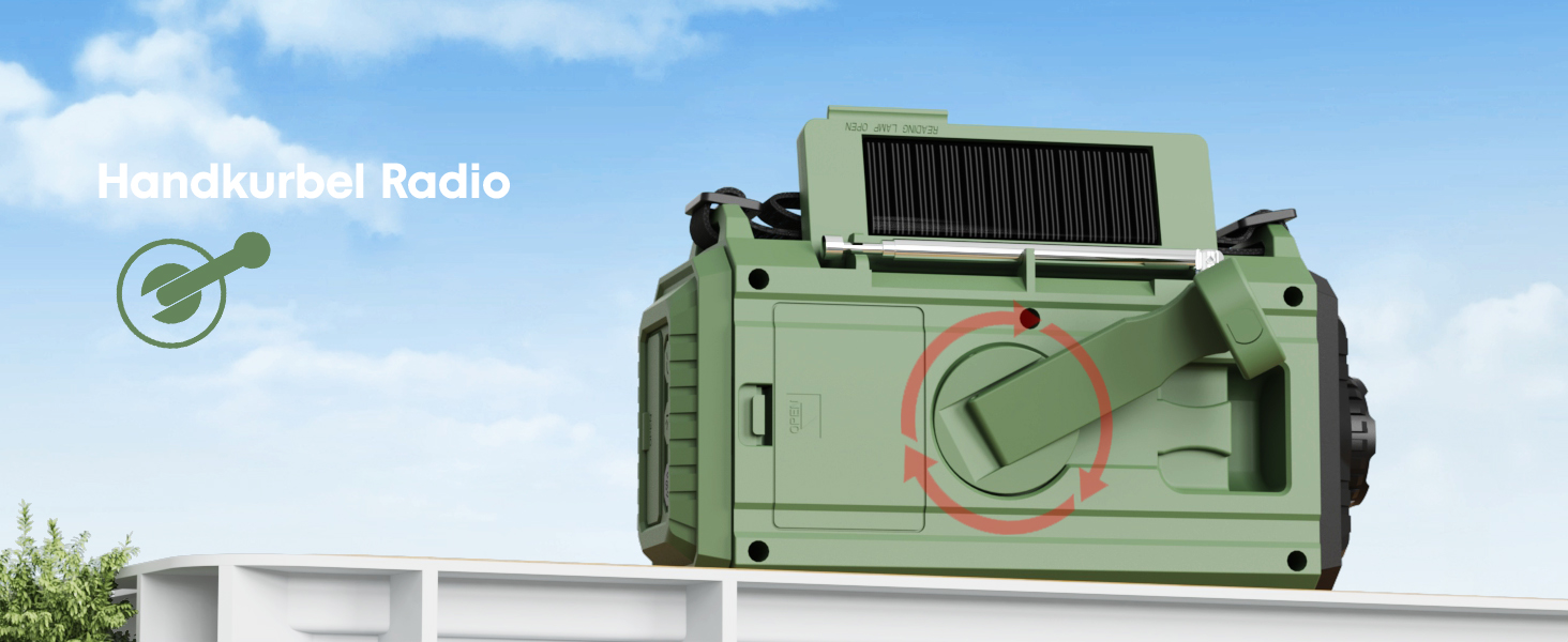 Радіоприймач Kurbelradio на 12000 mAh з ручним заводом, сонячною панеллю та SOS-сигналом. AM/FM/SW радіоприймач з USB-зарядкою, ліхтарик та світло для читання. Ідеально для кемпінгу, надзвичайних ситуацій та відключень електроенергії. Зелений колір.