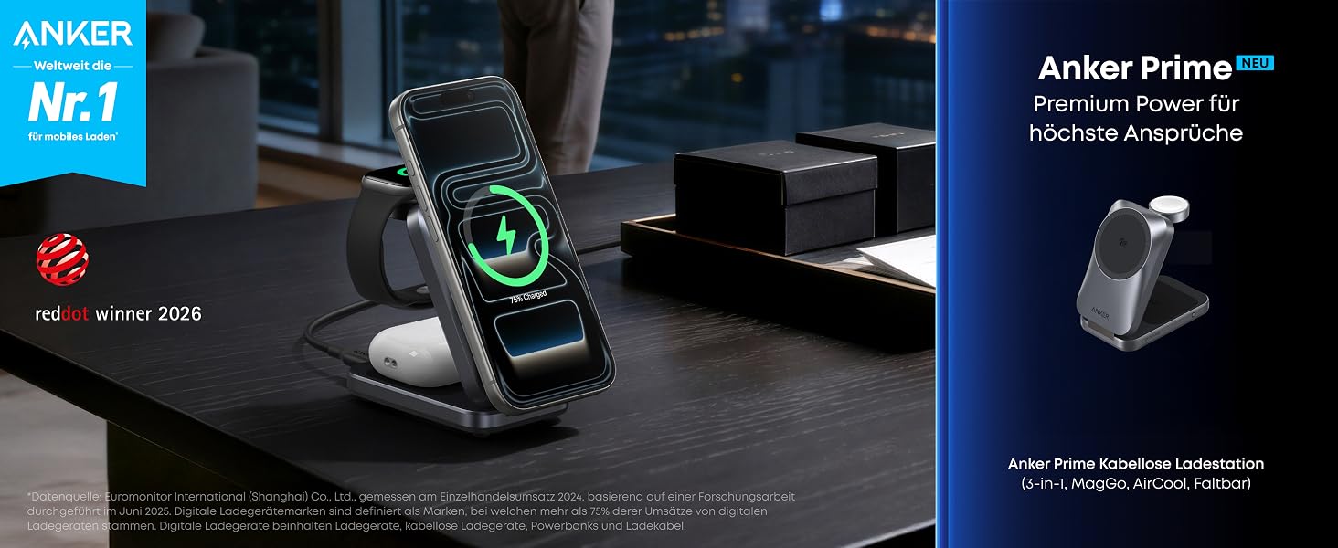 Зарядна станція Anker Prime 3-in-1 Qi2 25W з системою охолодження AirCool, бездротовий зарядний пристрій, чорний