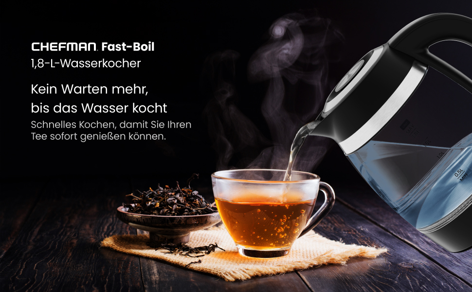 Електричний чайник Chefman 1.8L з нержавіючої сталі, 3000W, знімний кришка, автоматичне відключення, захист від сухого кипіння, фільтр з нержавіючої сталі, BPA Free, чайник з боросилікатного скла