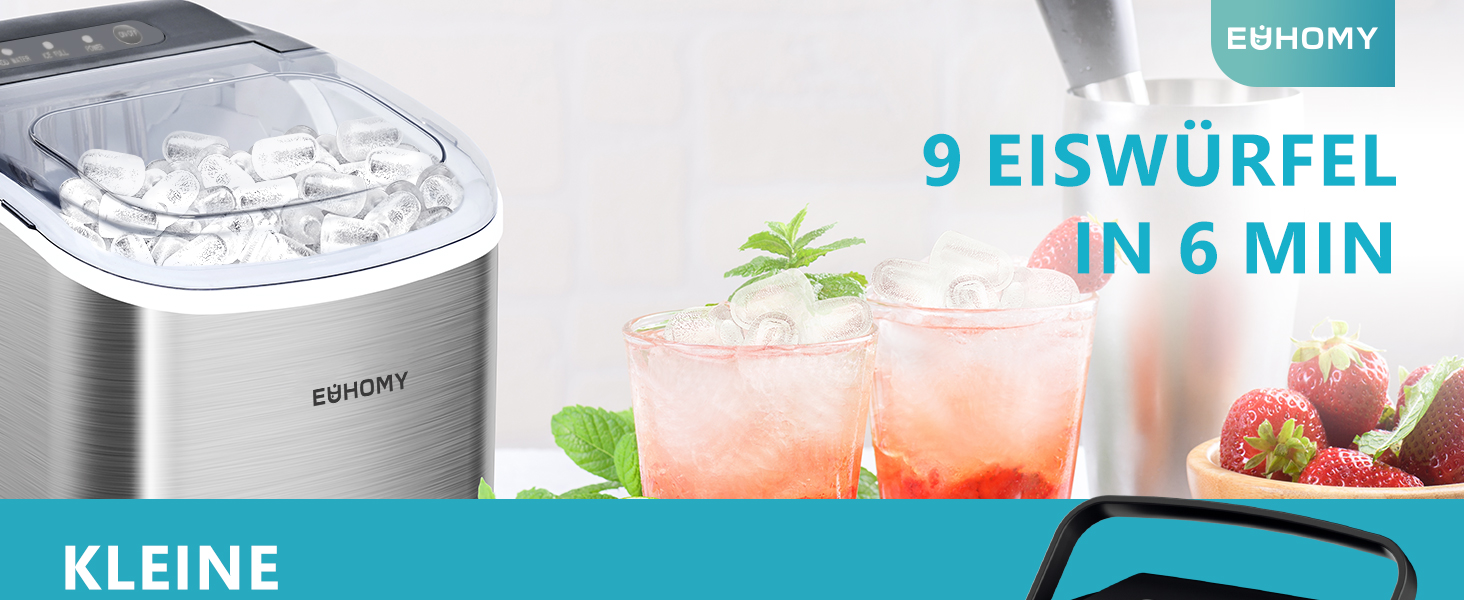 Машина для льоду EUHOMY: компактна, нержавіюча сталь, 12 кг/24 год, самоочищення