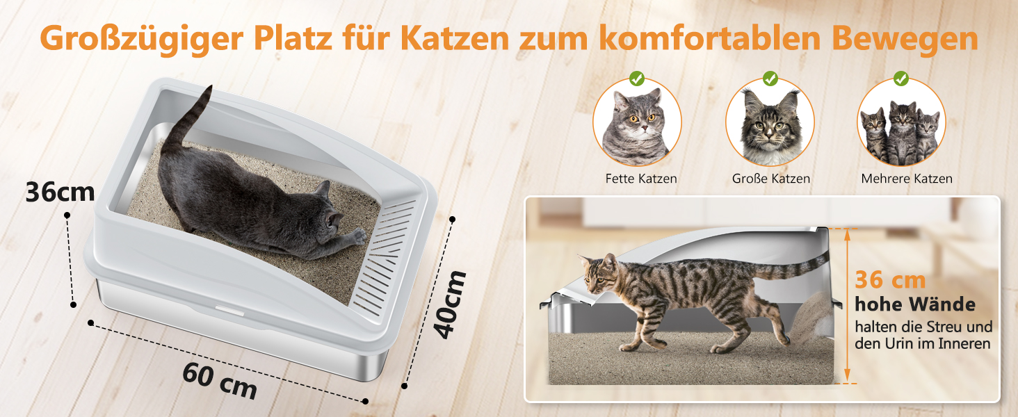 FURTIME Лоток для котів з нержавіючої сталі XXL, 42L, великий, витокозахисний, з лопаткою, 60x40x36 см (Сріблясто-сірий)