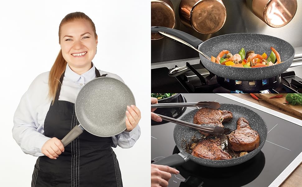 Сковорода антипригарна GadHome 20 см, чорна | Для індукційної плити | Алюмінієва сковорода з ергономічною ручкою | Без PFOA для здорового приготування їжі | Можна мити в посудомийній машині
