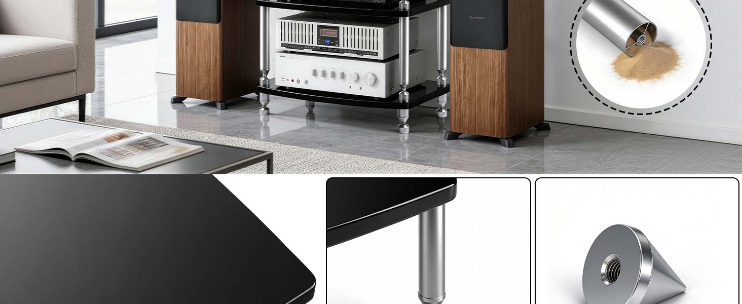 HiFi тумба з колесами для програвача, аудіосистеми та TV 60x52x78 см (алюмінієвий сплав, 4 полиці, LED-підсвітка, розетки)