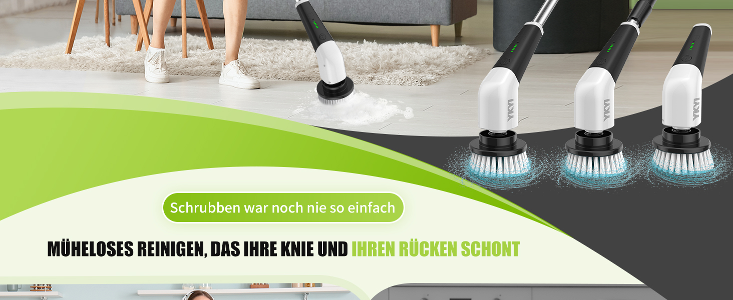 Електрична щітка для прибирання YKYI з 8 насадок, водонепроникна IPX7, для ванної, підлоги, кухні (біла)