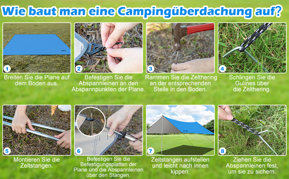 Намет WADEO для кемпінгу, водонепроникний, 4x3 м, з тентром та аксесуарами, ультралегкий, для відпочинку на природі - Хакі (3,6м x 3,6м, Синій)