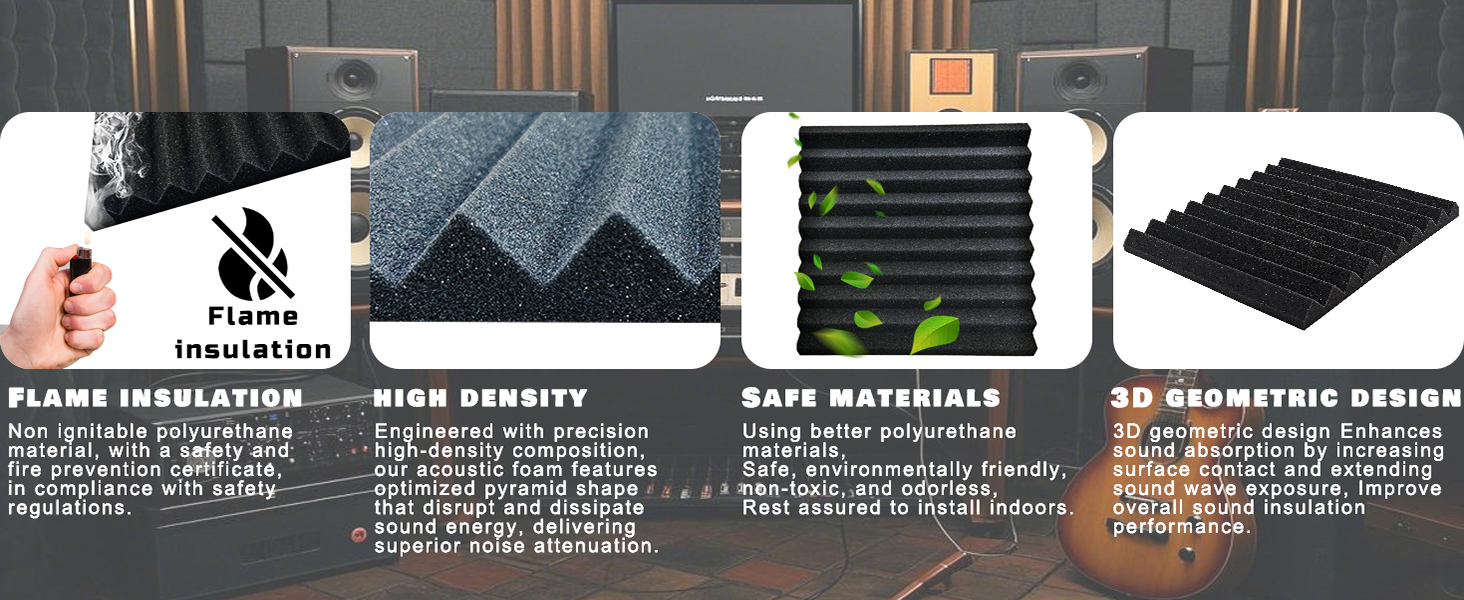 Самоклеїться акустичні панелі з шумопоглинаючого поролону, звукоізоляційні плити для студії та офісу, чорні, 30x30x2.5 см (48 штук)