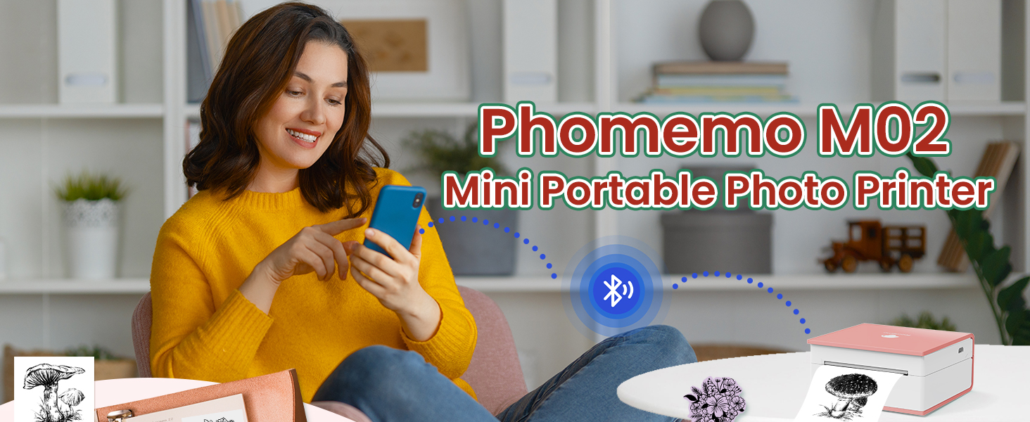 Портативний термальний принтер Phomemo M02: друк фотографій, журналів, DIY-малюнків (Bluetooth, USB, Android/iOS, зелений/рожевий)