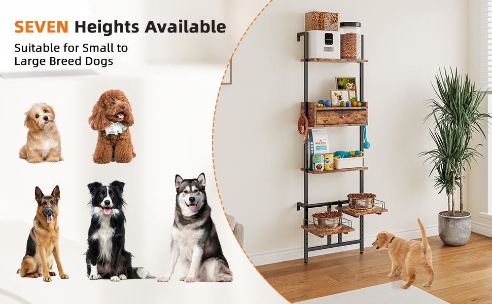 Підвищена годівниця для собак з місцем для зберігання та двома антиковзними килимками, для великих собак, регульована висота, настінний монтаж, колір вінтажний коричневий