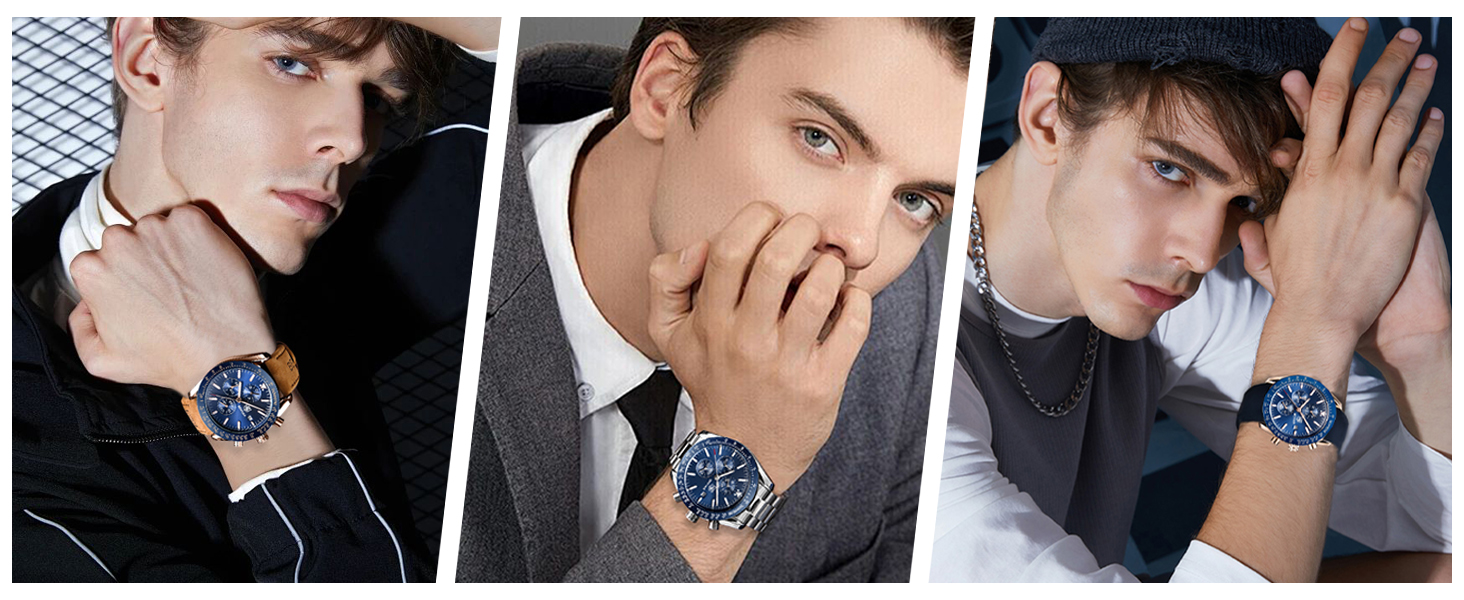 Годинник чоловічий Benyar з хронографом, кварцовий, водостійкий 30M, з датою, для активного відпочинку, спортивний, шкіряний, з гумовим ремінком, срібний, блакитний