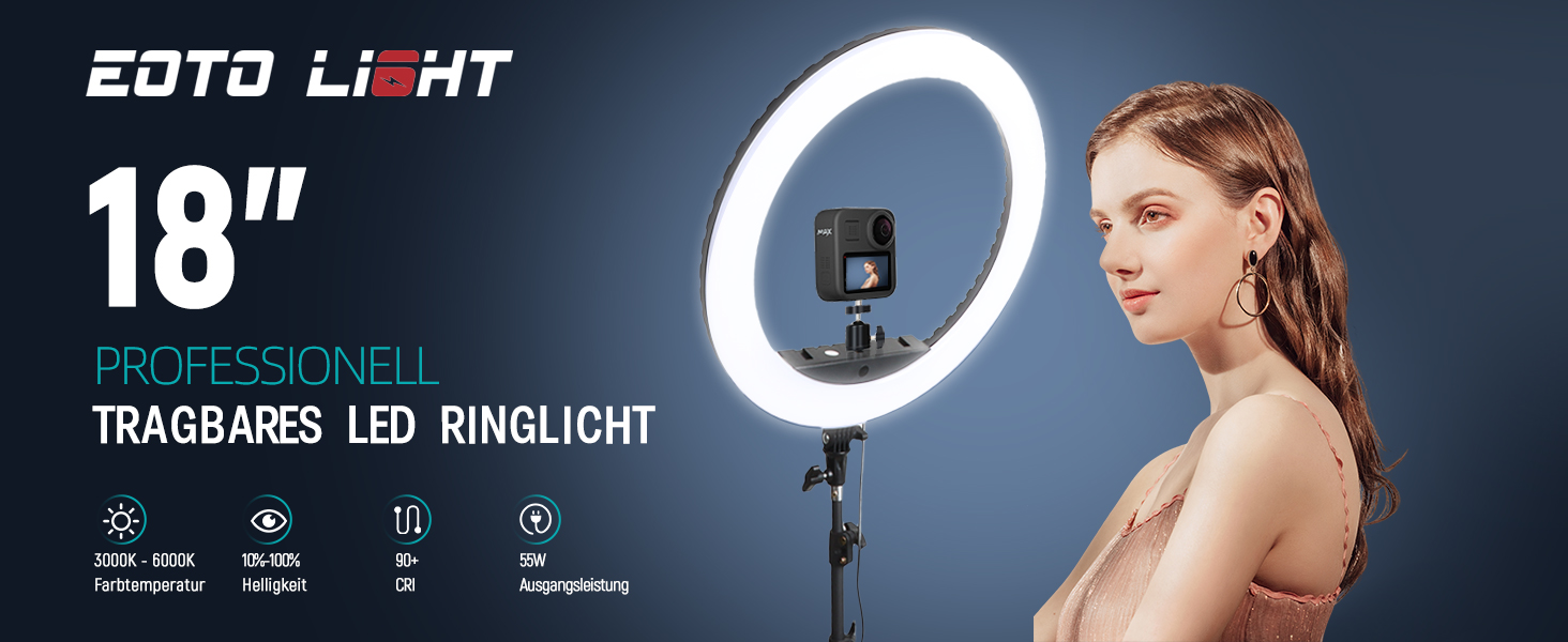 18-дюймове кільцеве світло LED з штативом, регульоване освітлення для макіяжу, селфі, YouTube, відеозйомки, CRI 90, з сумкою та пультом керування