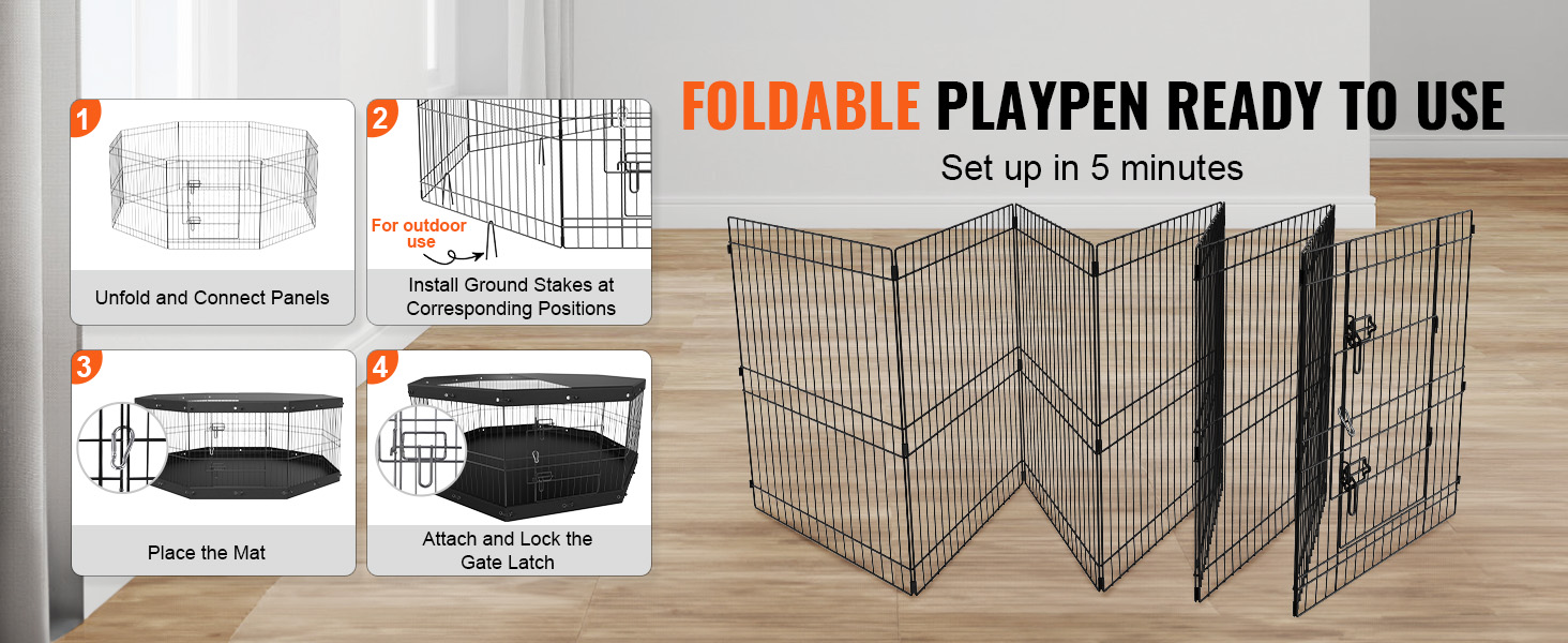 Лягувачка для собак VEVOR, 8 панелей, 61 см, з підлогою та водонепроникним покриттям Oxford 600D, металева, складна, для цуценят та собак