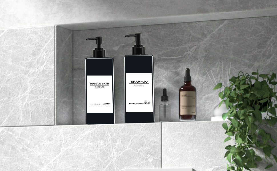 Набір дозаторів для мила Roselee (4 шт.), 500 мл, чорний. Дозатори для душу, шампуню, мила. Пластикові дозатори з воронкою та вологостійкими етикетками для кухні, ванної кімнати.